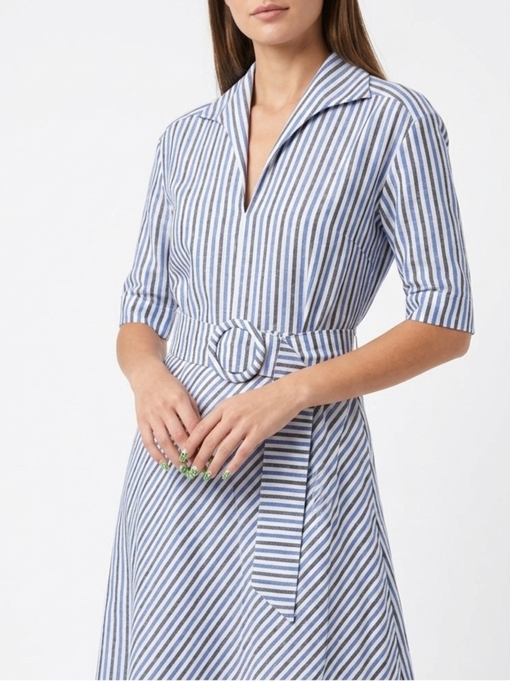NWT Gul Hurgel Cotton Linen Stripe Midi Dress Belted Half Sleeve Sz L
